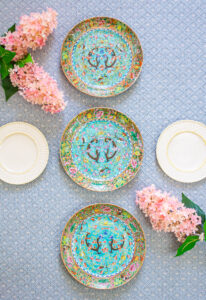 Famille Rose dragon plates with turquoise ground