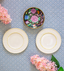 Pair of yellow and white shell design Belleek plates