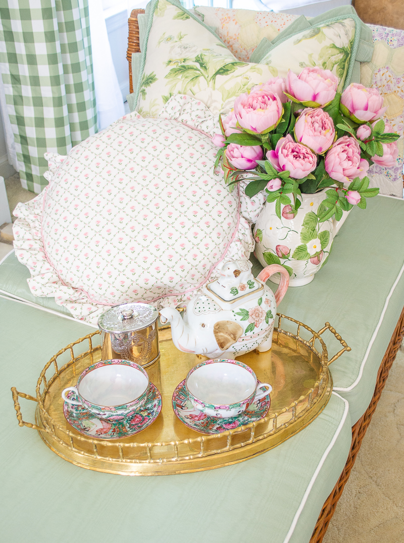 Vintage gifts for mom, including brass tray, tea set, pitcher with pink peonies