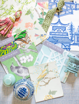 Collage of Chinoiserie wallpapers - samples from Schumacher, York, and Sanderson