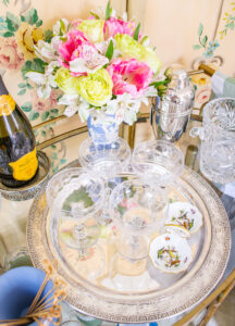 Etched floral coupes are a chic choice for a vintage bar cart