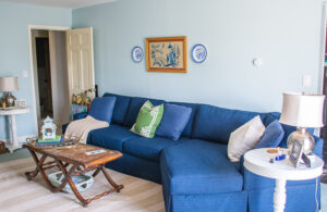 Navy sectional sofa in Katherine's family room