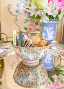 Small Rose Medallion bowl works beautifully as a catchall for matches and corks on this bar cart