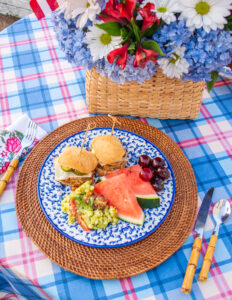 BBQ chicken sliders with corn and avocado salad and a side of watermelon is the perfect easy meal for July 4th celebrations