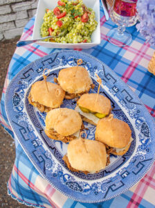 BBQ chicken sliders on large Blue Willow platter
