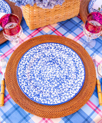 blue and white spongeware dinner plates, royal majestic
