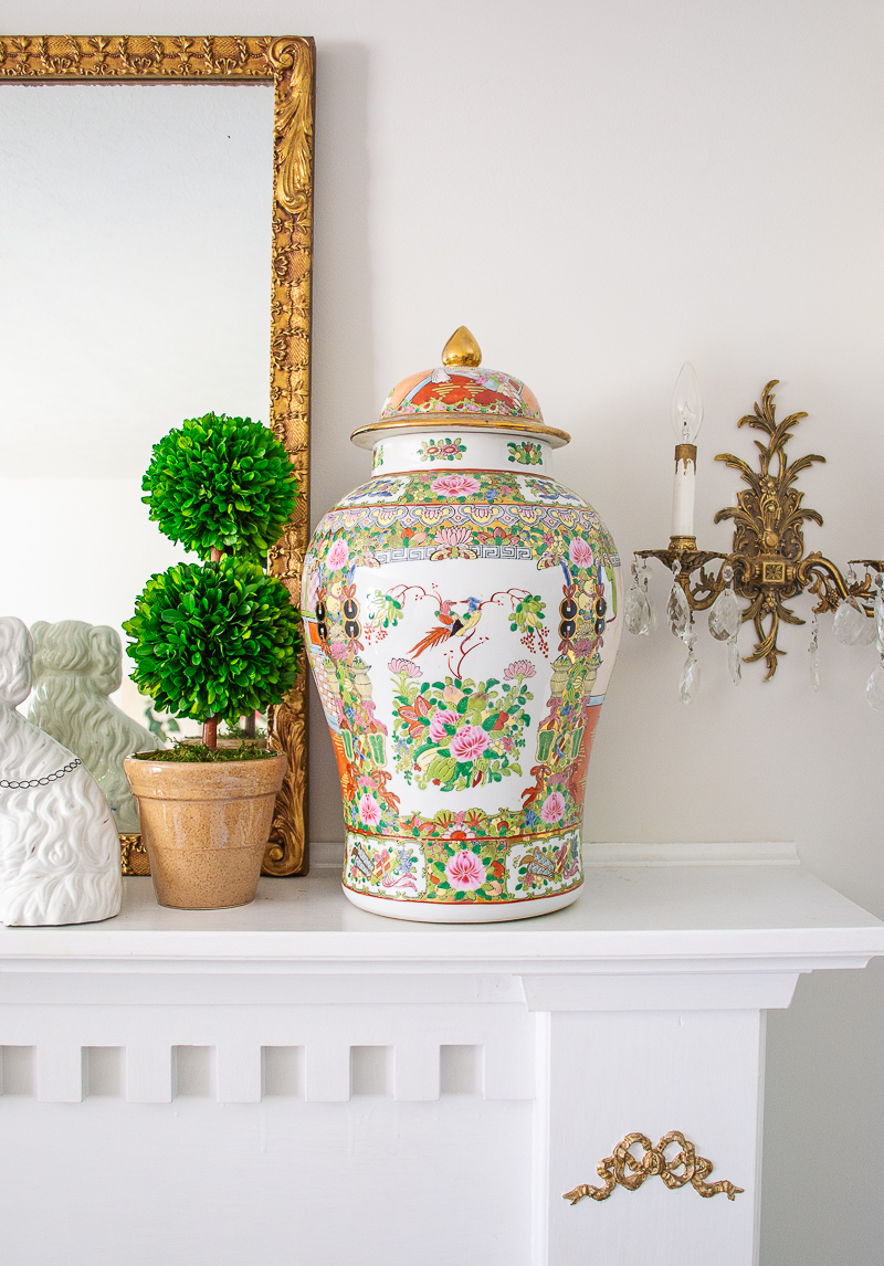 Katherine's mantel is styled with large Rose Medallion temple jars for a traditional Chinoiserie chic look!