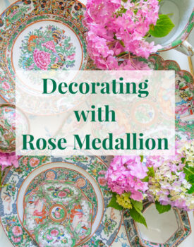 5 ways of decorating with Rose Medallion porcelains - flat lay collage of Famille Rose plates and tableware