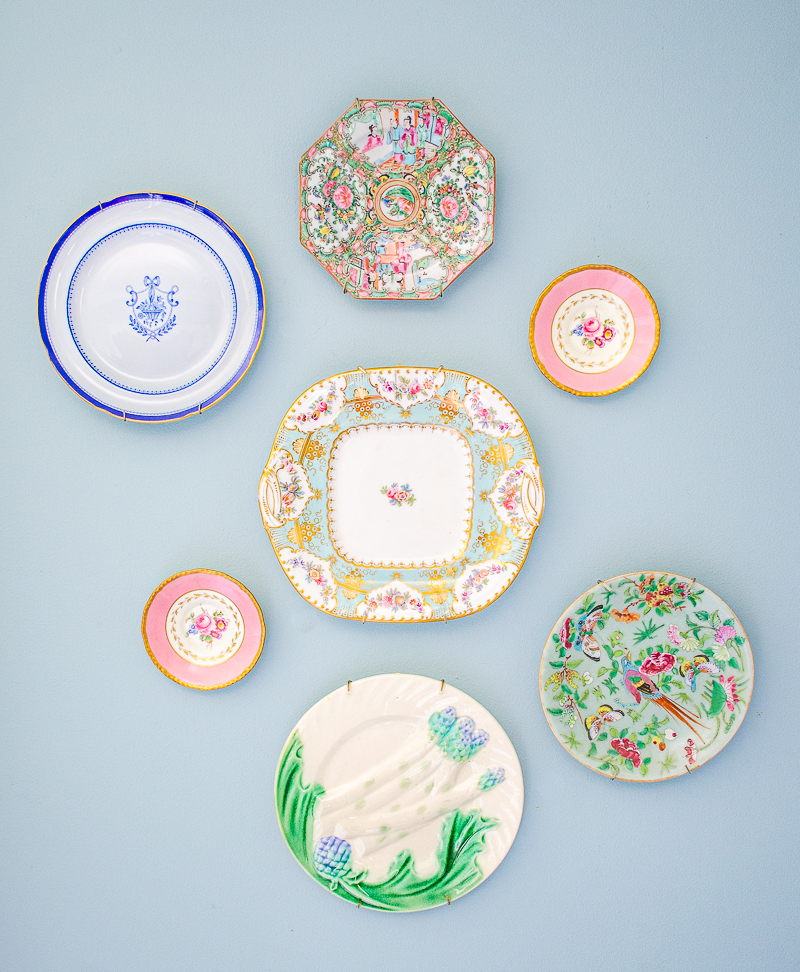 Antique plate wall with Rose Medallion plate, Spode, Majolica, and Famille Rose celadon