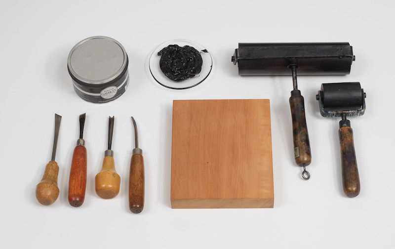 Tools used to make a woodcut print