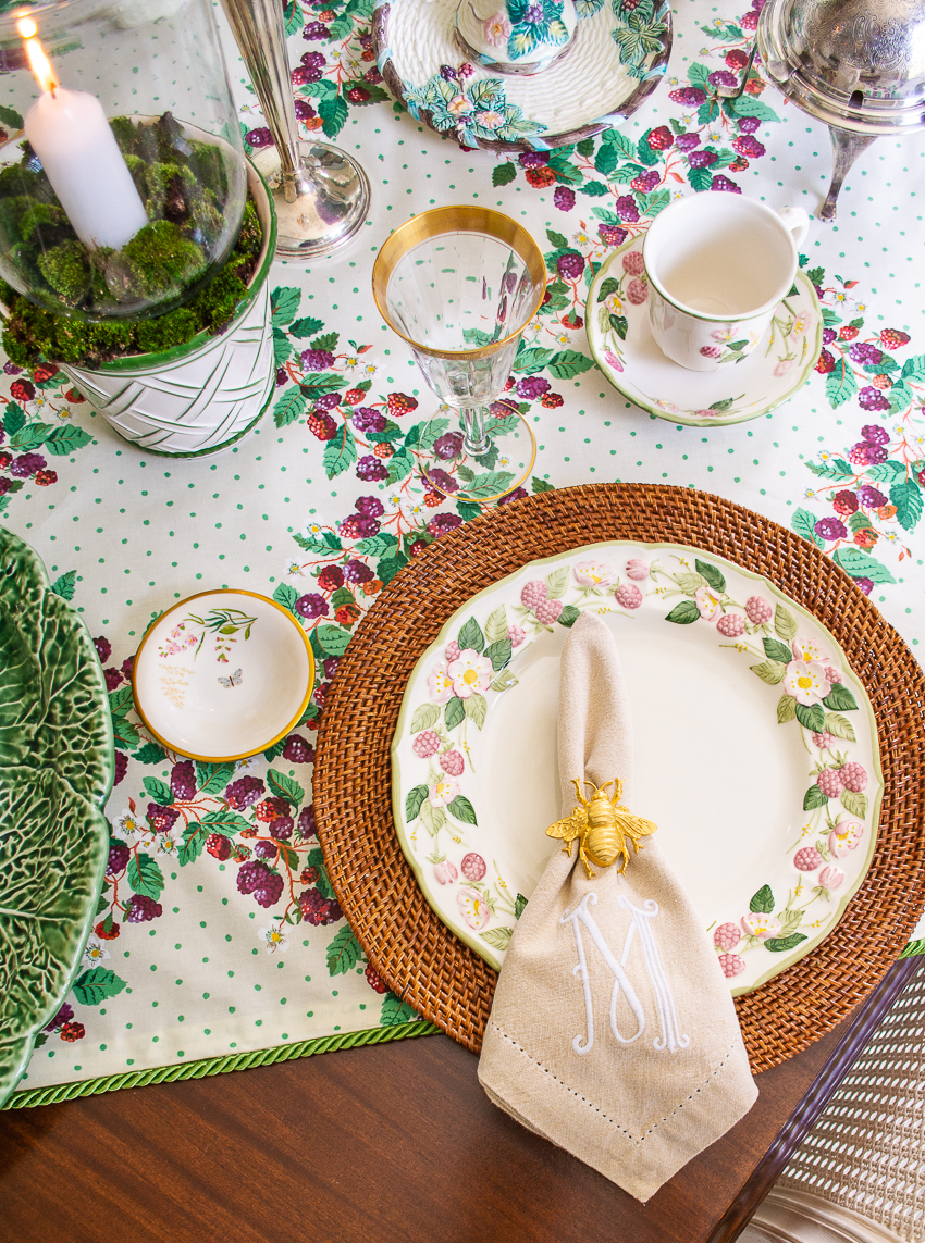 in the blackberry patch an end of summer table with Metlox pottery, Corinne Samios Barnstable chintz, antique silver, and crystal goblets