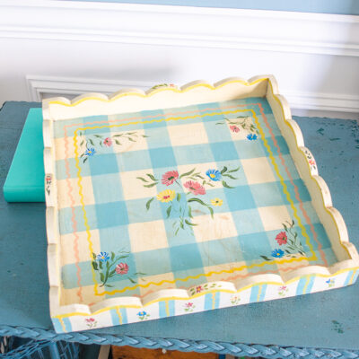 Jane Keltner blue gingham tray with florals
