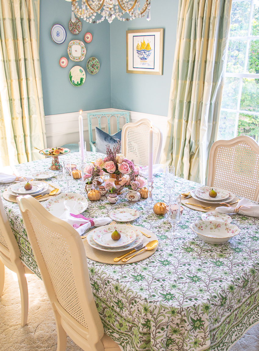 Katherine's aqua grandmillennial dining room set with pink and green autumn table