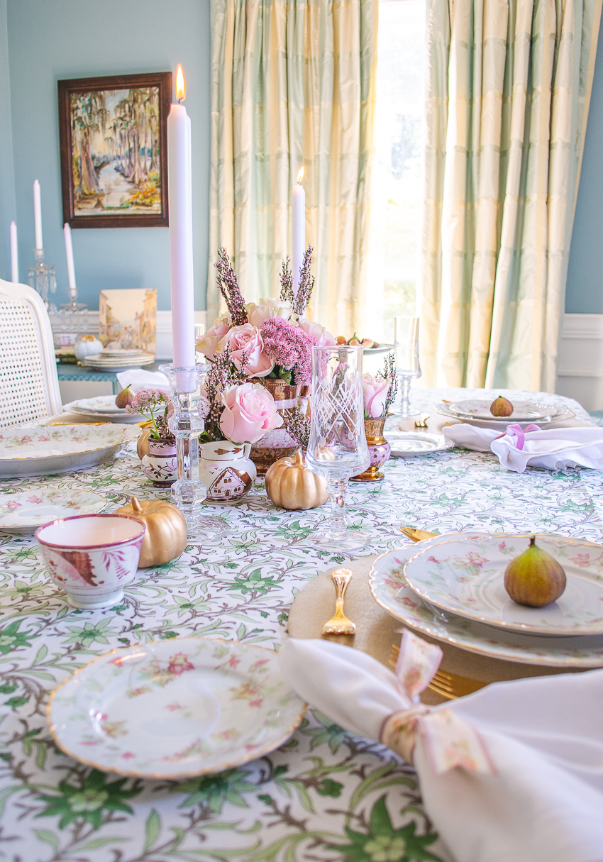 Pink and green fall table with Indian block print cloth, pink roses, copper luster, and Bavarian maple leaf china