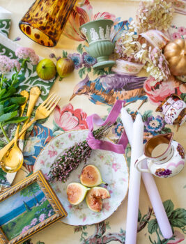 Delicious autumn decor inspiration for the grandmillennial - flatlay of fall themed antiques, decor, tableware
