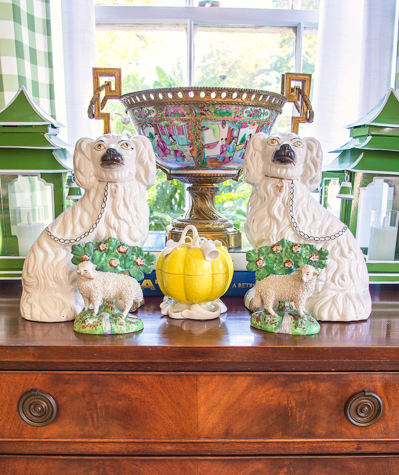 Classically charming curios: Pair of Staffordshire spaniels and sheep with Rose Medallion ormolu bowl in back