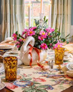 Swan and camellia centerpiece graces my 2021 Thanksgiving tablescape