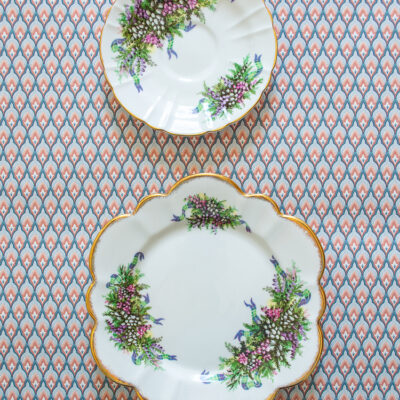 Salisbury Bone China plates with florals and plaid ribbon