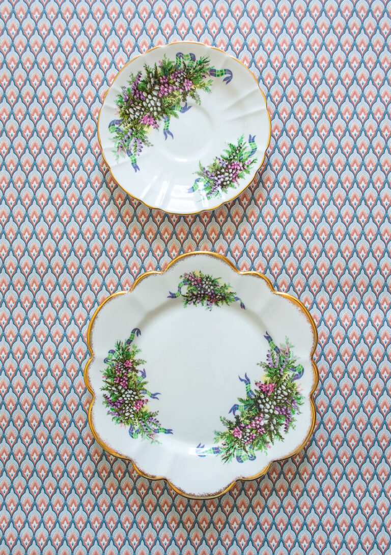 Salisbury Bone China plates with florals and plaid ribbon