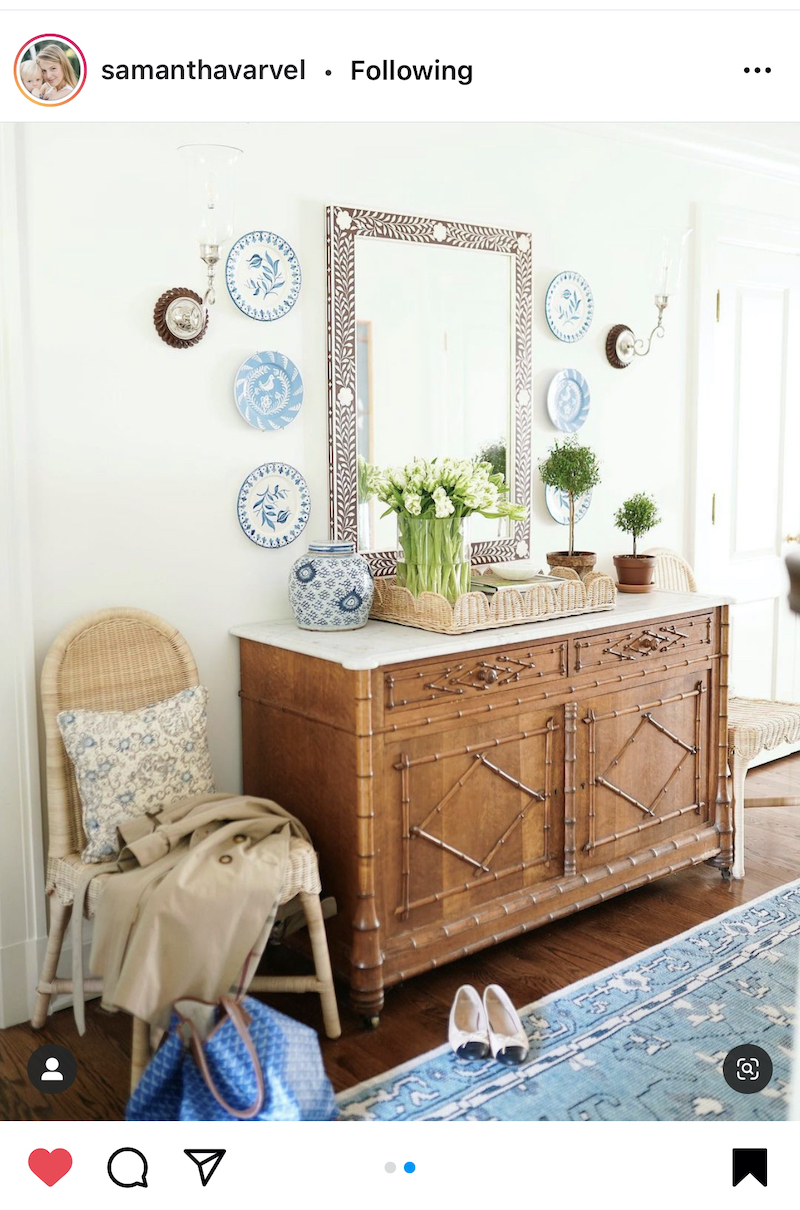 gorgeous bamboo trim chest shows Chinoiserie and Grandmillennial style combined