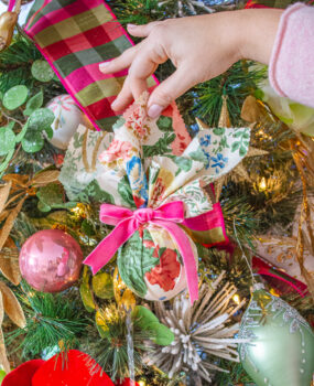 Chintz fabric Christmas ornament DIY with Lee Jofa Althea hollyhock fabric in blush