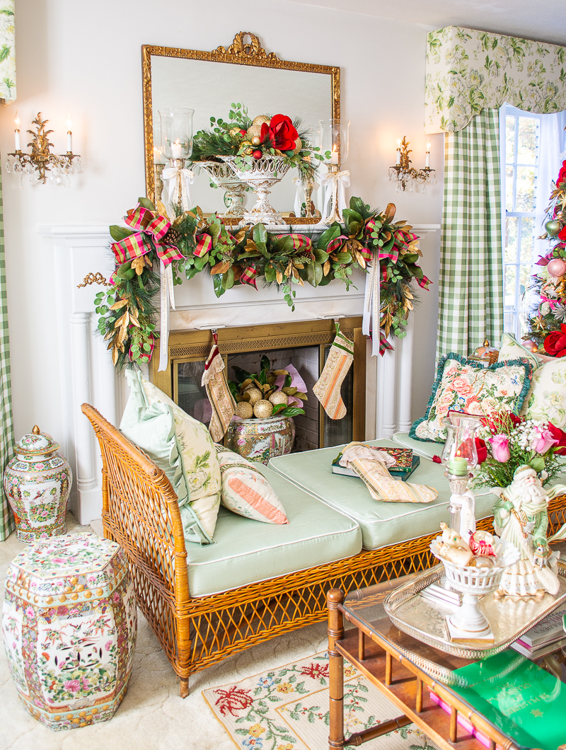 My living room decorated in Grandmillennial Southern Christmas in pink and green