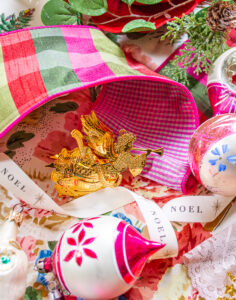 Southern Christmas look for Grandmillennials featuring vintage baubles, Danbury Mint gold ornaments, and pink and green plaid ribbon