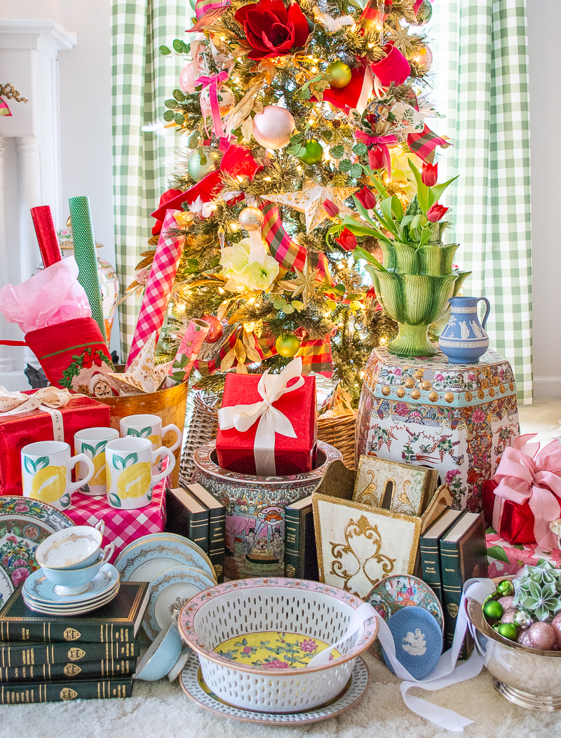 Vintage gifts for the Grandmillennial around a Christmas tree