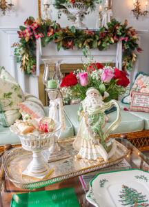 Fitz & Floyd Santa and Spode Christmas tree plate decorate the coffee table