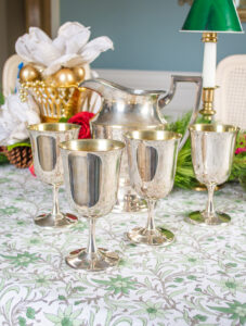 Silverplate goblets and pitcher