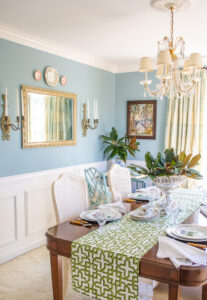 Traditional dining room in aqua and white with grandmillennial decor