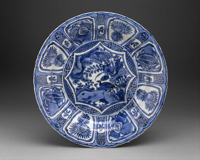Blue and white porcelain dish in Kraak style from late 17th century via the Met
