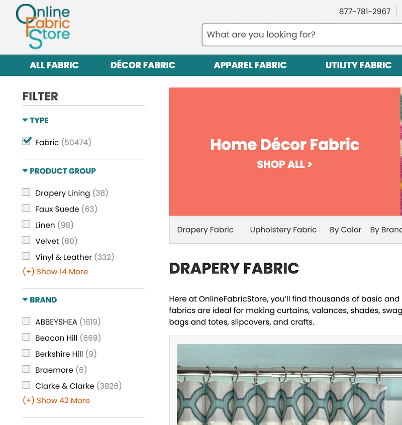 website view of the online fabric store