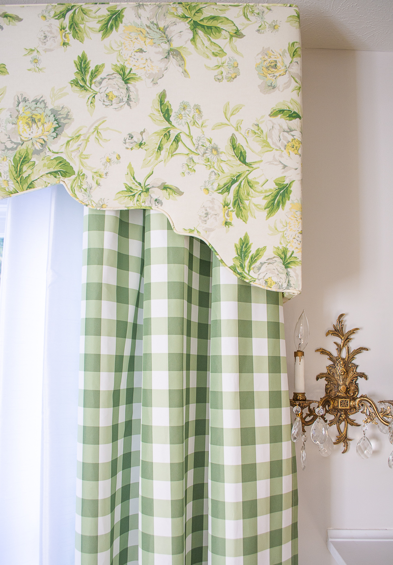 Window treatment mixing patterns: floral chintz and gingham in greens and white