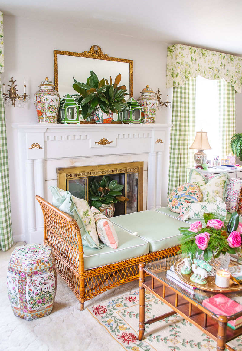 Katherine's grandmillennial living room with pattern play that mixes chintz, gingham, Chinoiserie toile, and botanicals