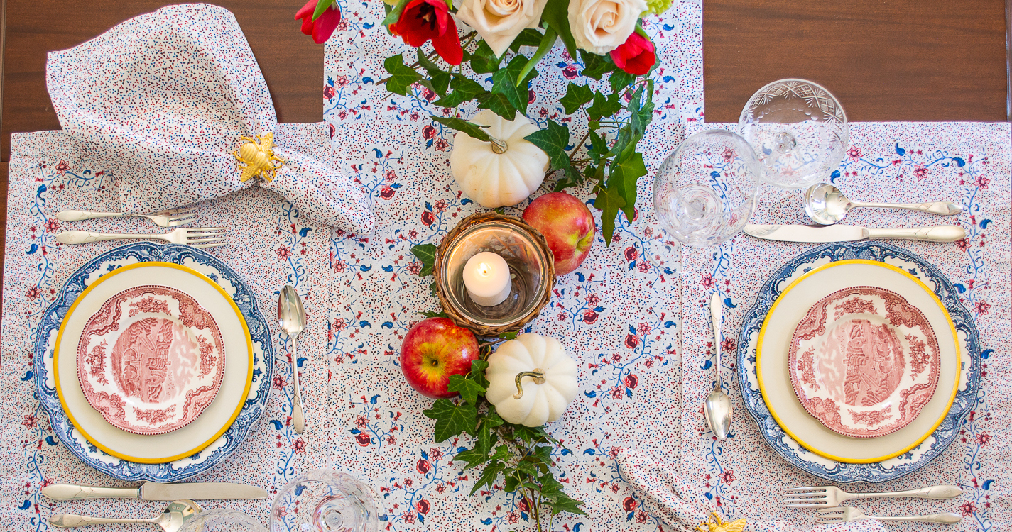 Red and blue tablescape with transferware dishes for elegant Southern entertaining