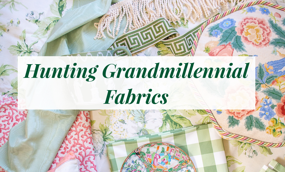 banner flatlay with pastel colored floral fabrics and title Hunting Grandmillennial Fabrics