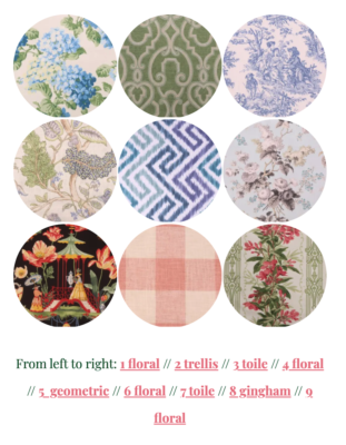 Fabric choices from Fabric Guru - one of my sources for Grandmillennial fabrics