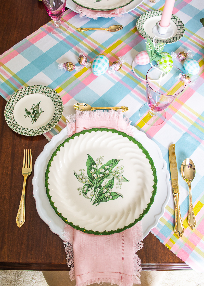 Lily of the valley Royal China plates on pink napkin with white charger and plaid pastel table cloth