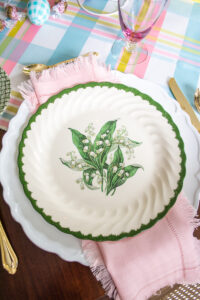 Lily of the Valley green and white dinner plate on plaid pastel Easter table