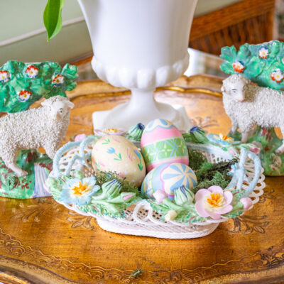 Irish porcelain pierced basket with flowers and filled with hand painted Easter eggs