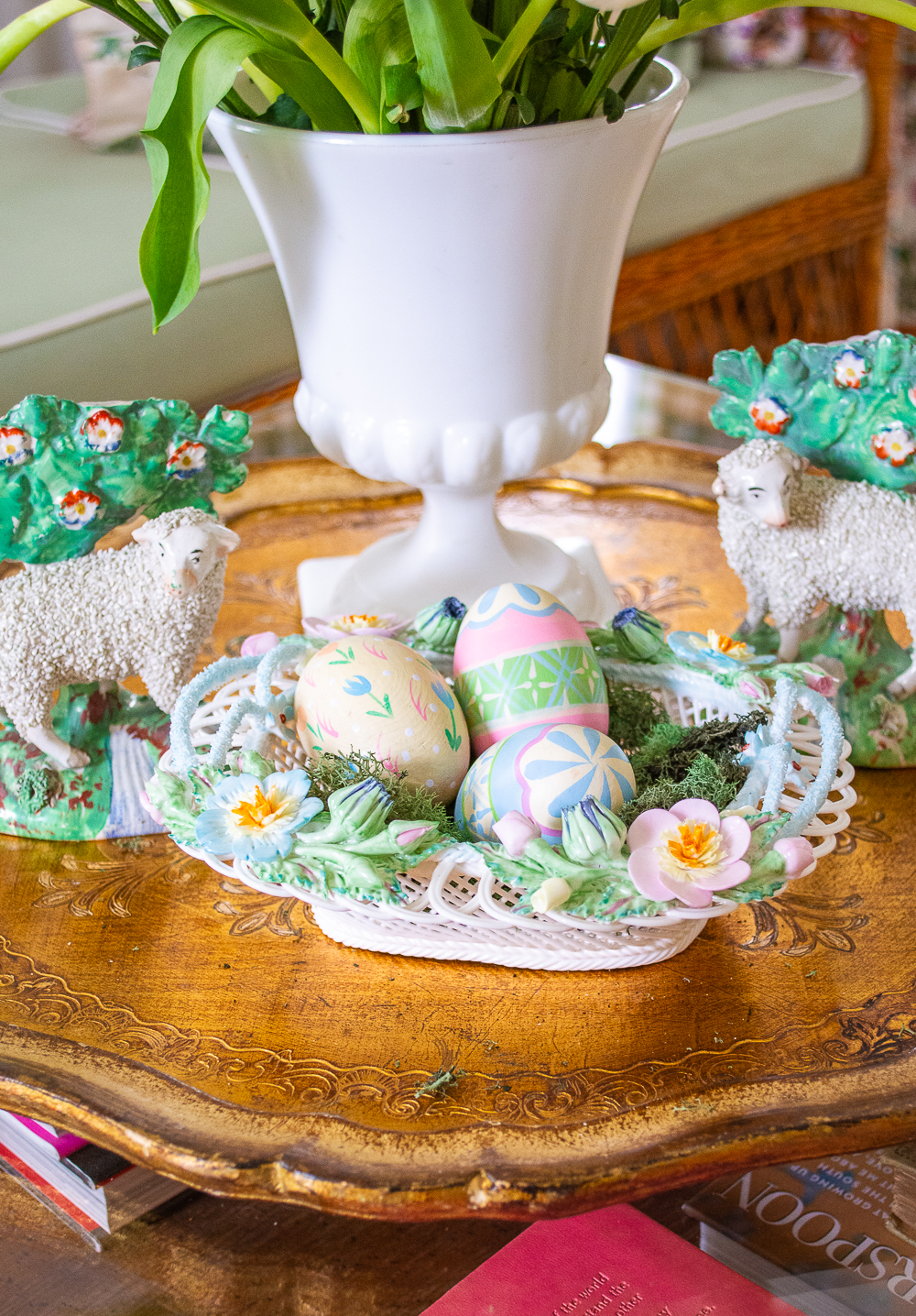 Irish porcelain pierced basket with flowers and filled with hand painted Easter eggs
