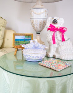 blue bird candy dish with jelly beans