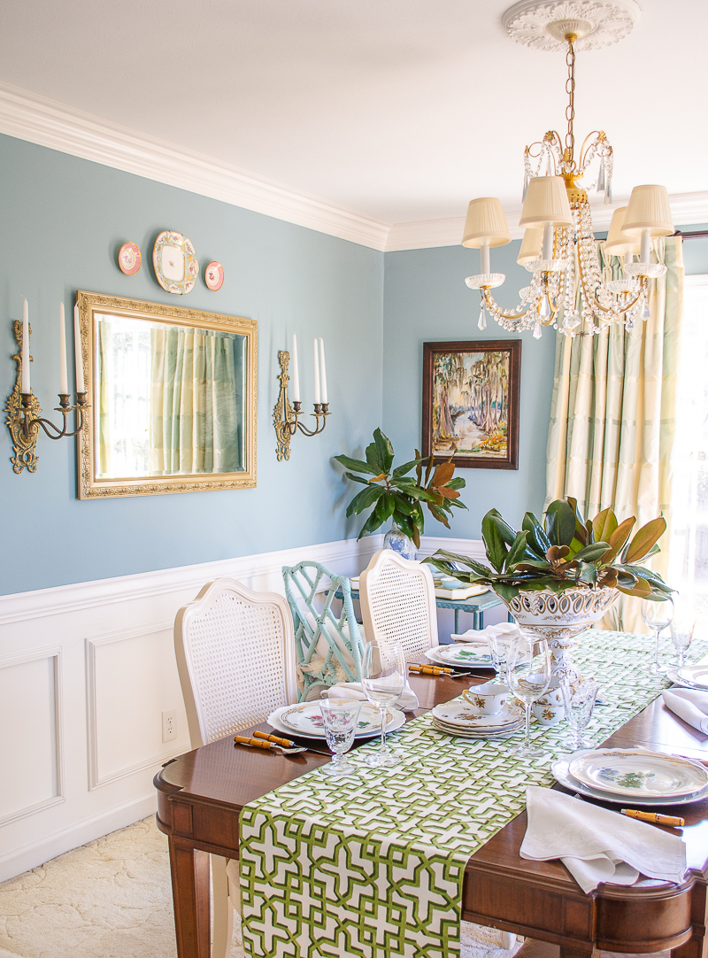 Katherine's dining room in aqua blue and white with green accents
