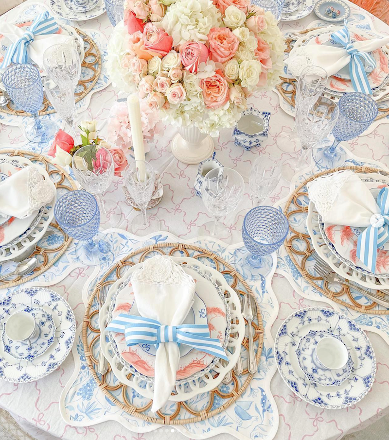 Blue, white, and pink tablescape by Stephanie Designer Life Mom
