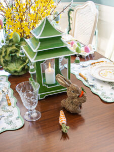 Pagoda lantern with straw bunny and gingham carrot