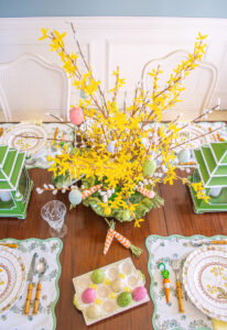 Yellow bell Easter egg tree centerpiece in cabbageware tureen