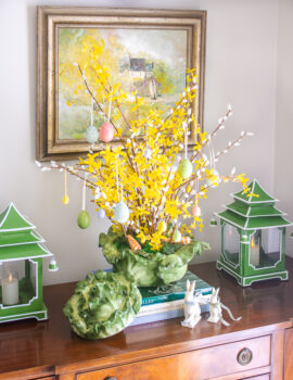 Yellow bell Easter egg tree in cabbageware tureen with speckled egg ornaments