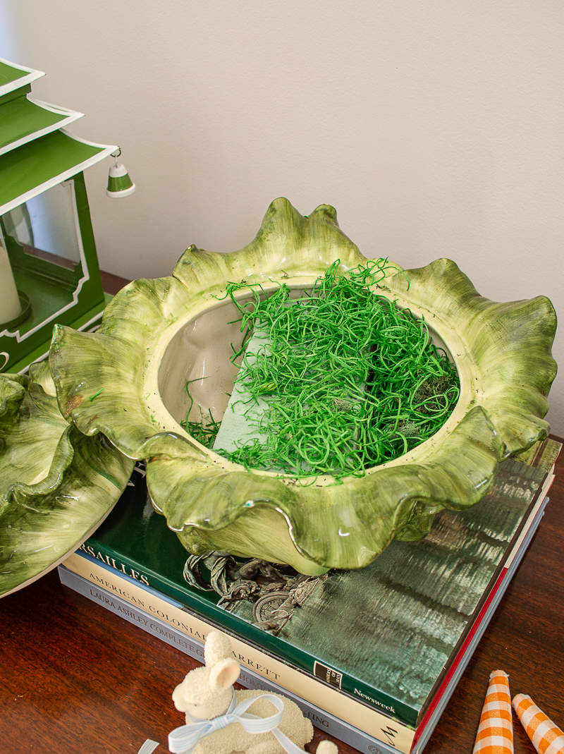 Cabbage ware tureen with floral foam and moss