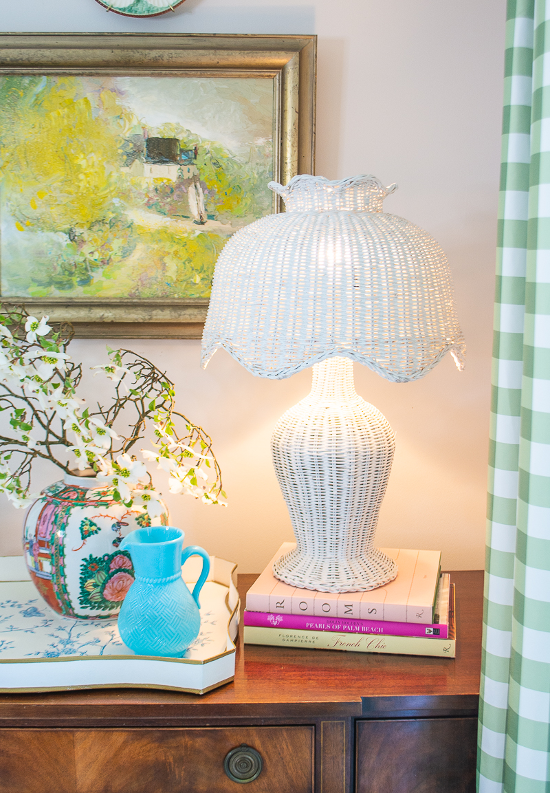 vintage white wicker lamp with scalloped shade